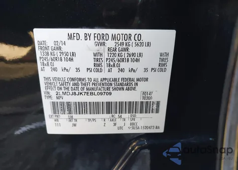 2014 Lincoln Mkx from USA, damaged, VIN 2LMDJ8JK7EBL09709